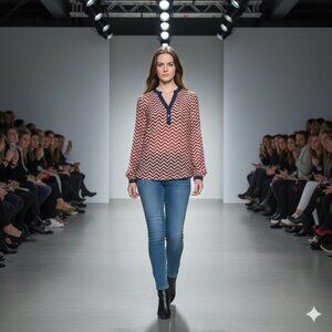 Size XL Peach‎ Navy Chevron Patterned V-Neck Blouse